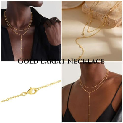 Lariat Necklaces for Women - Dainty Long Necklace Trendy 14K Gold Plated Hypoallergenic Layered Long Y-Shape Sunburst CZ T-Bar Pendant Drop Chain Necklace Set for Women Non Tarinsh Jewelry - style: layered bead chain-gd
