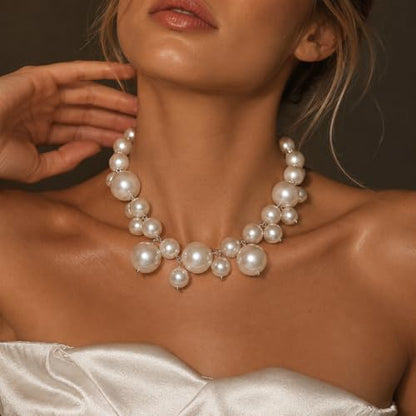 Faux Pearl Statement Necklace for Women, Layered Bubble Pearl Choker Necklace, Elegant Vintage Luxury Jewelry