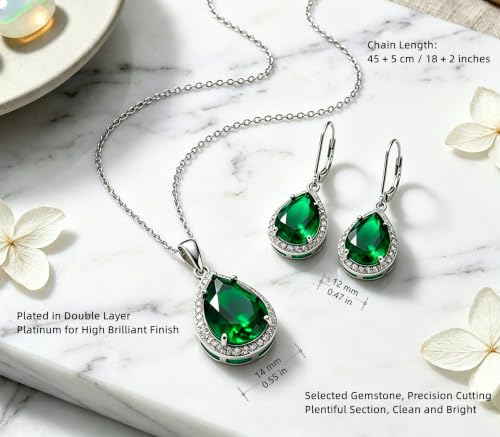 VONSSY Classic Oval Pendant Gemstone Necklace | Crystal Ruby Sapphire Waterdrop Birthstone Teardrop Emerald Necklace | 18K Platinum Gold Plated Chain | Jewelry Gift for Mother Wife Girlfriend - color: NL & ER - Green