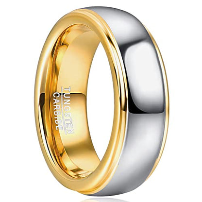 NUNCAD Men Women Tungsten Wedding Engagement Band | 4/6/8mm Two-tone Gold Silver, Domed Polished Step Edges, sizes 5-12 Wedding Band - color: 8mm-Gold & Silver