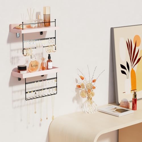 Lolalet Wall Mount Hanging Jewelry Organizer -Set of 2, Pink | Versatile Hanging Holder with Hooks for Earrings, Bracelets and Necklaces, Easy to Install on Bathroom Wall - color: Pink
