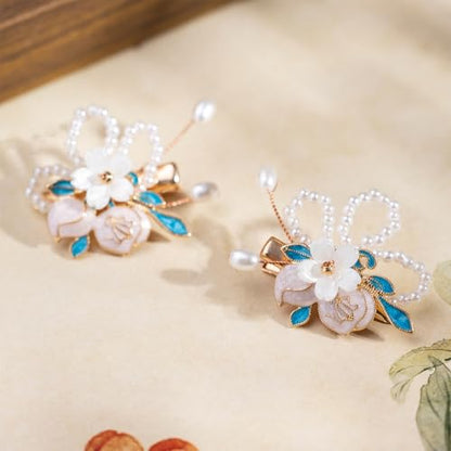 A Pair Wedding Hair Clips, Handmade Floral Design Crystal Hair Clips Pearl Barrettes, Rhinestones Flower Clips Pearl Headpieces Hair Pins Hair Accessories for Women Girls (White) - color: White