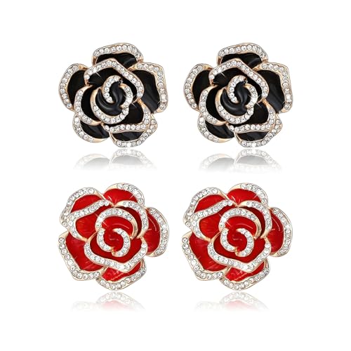 coadipress 4 Pcs Camellia Flower Brooch Pin for Women Ladies Crystal Rhinestone Black Red Floral Brooches Dress Clothing Accessory Wedding Party Birthday Jewelry - color: Black Red