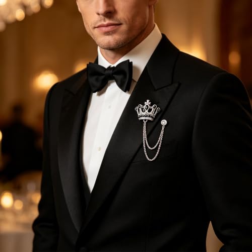 9PCS Men's Brooch Suit Pin with Chains Suit Tuxedo Accessory for Men | Crystal Rhinestone Crown Hanging Chain Brooch with Stone Detailing