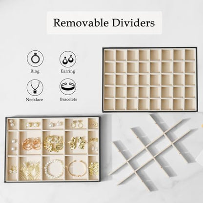 Large Jewelry Organizer Tray, Stackable Jewelry Storage Holder PU Leather Velvet Jewellery Display Case for Stud Earring Bracelet Necklace Ring (Black Beige, 24 Grids) - color: Black Beige