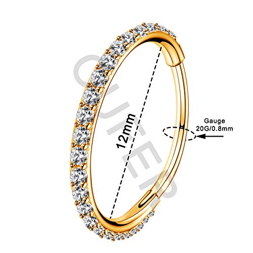 OUFER Gold Hinged Segment Earring Hoop 16G Stainless Steel with Cartilage Earrings Clear CZ Paved Tragus Helix Earrings Cartilage Earring Septum Nose Ring Hoop - color: 20G，12mm