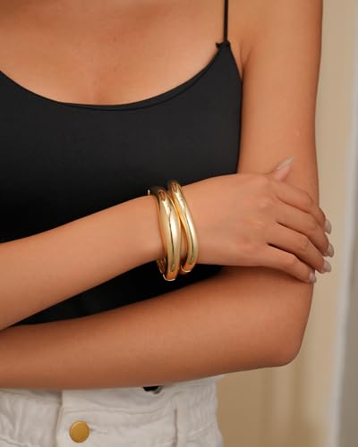 2pcs Gold Bangle Bracelets for Women, Trendy Hinged Cuff Open Wide Chunky Gold Bracelet Stack Arm Cuff Jewelry for Women - color: A-Gold Bangles