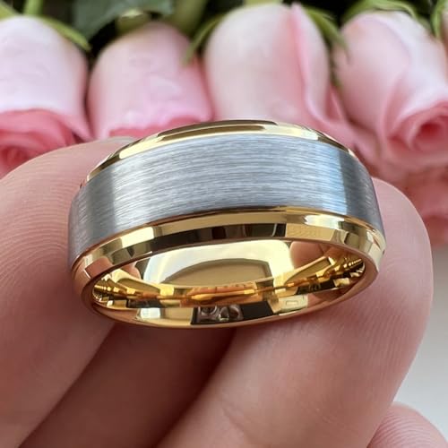 TUTISS 6mm 8mm Tungsten Rings for Men Women Fashion Engagement Wedding Bands Brushed Finish Stepped Beveled Edges Comfort Fit - color: 8mm Gold Tungsten Silver Top