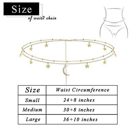 Waist Chain Silver Beads Belly Chain Gold silver Women Dainty Body Jewelry Accessories - color: gold star moon - 30 + 8 in
