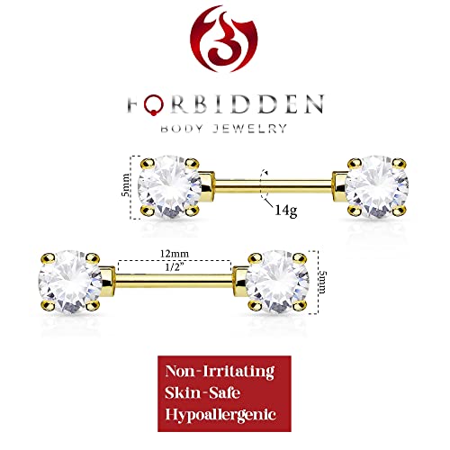 Forbidden Body Jewelry 14g 1/2 Inch (12mm) Surgical Steel & Gold Plated CZ Crystal Front Facing Gemmed Nipple Ring Barbell Set - style: 14k Gold Plated Clear