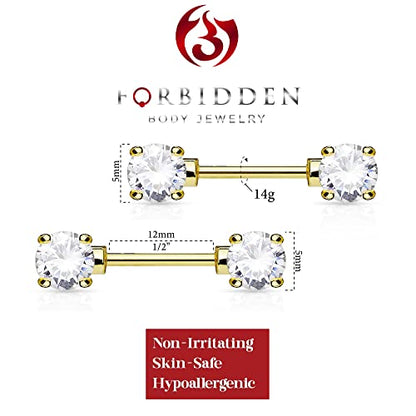 Forbidden Body Jewelry 14g 1/2 Inch (12mm) Surgical Steel & Gold Plated CZ Crystal Front Facing Gemmed Nipple Ring Barbell Set - style: 14k Gold Plated Clear