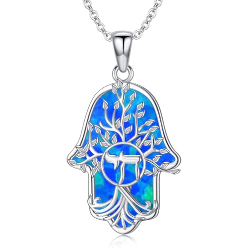 Hamsa Necklace 925 Sterling Silver Evil Eye/Lotus Flower/Star of David/Chai/Yin Yang Hamsa Hand Pendant Jewelry Hand of Fatima Gifts for Women - style: Chai-Blue Opal
