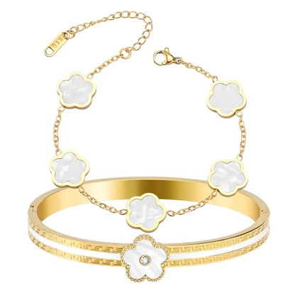 2pcs Stackable Bangle Bracelets 18K Gold Plated Lucky Clover Bracelet Stainless Steel Clover Jewelry Set Fashion Birthday Gifts for Women - color: Gold White Stackable Bracelets