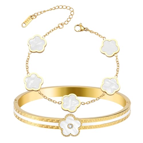 2pcs Stackable Bangle Bracelets 18K Gold Plated Lucky Clover Bracelet Stainless Steel Clover Jewelry Set Fashion Birthday Gifts for Women - color: Gold White Stackable Bracelets