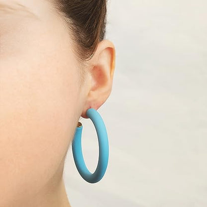 Gold Plated Multicolor Resin Chunky Thick Open Hoop Earrings in 57MM and 37.5MM Diameters - color: Blue - Bright - Matte Finish, size: 57MM (2.24") Diameter