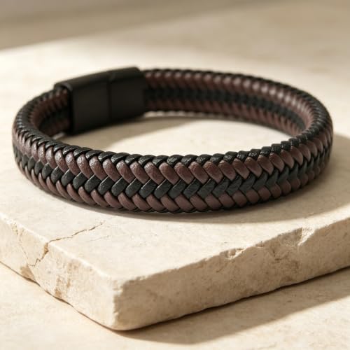 Italian Handmade Leather Bracelets for Men - color: Brown Braided, size: 8.2"