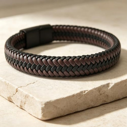 Italian Handmade Leather Bracelets for Men - color: Brown Braided, size: 8.2"