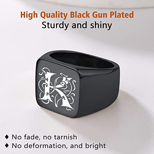 FindChic Customized Signet Photo Rings Square/Heart/Round Chunky Band Ring Stainless Steel/18K Gold Plated/Black Size 7 to 14 Personalized Jewelry for Men Women, Send Gift Box - color: 01. personalized monogram square (black)