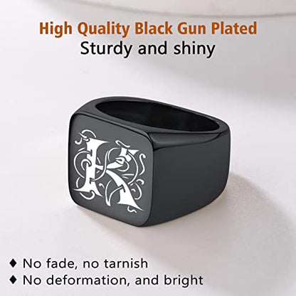 FindChic Customized Signet Photo Rings Square/Heart/Round Chunky Band Ring Stainless Steel/18K Gold Plated/Black Size 7 to 14 Personalized Jewelry for Men Women, Send Gift Box - color: 01. personalized monogram square (black)