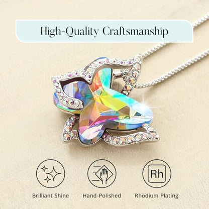 Butterfly Necklace, Birthstone Crystal, for Women, Silver Tone Pendant Jewelry, Anniversary Birthday Gift for Her, Wife & Mom, 18"+2" - color: 04-April Birthstone - Rainbow Opal White Crystal