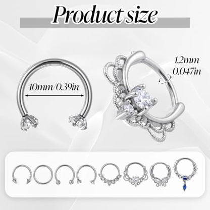 8pcs Surgical Steel Septum Piercing Jewelry 16G Septum Rings Septum Rings | Silver Butterfly CZ Horseshoe Nose Lip Ring for Women Men 8mm 10mm