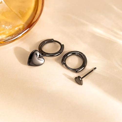 3 Pairs Earring Stacks, Gold Earring Set Jewelry Gift for Women | Small, 14K Gold/White Gold/Black/Rose Gold Plated, Hypoallergenic, Her, Everday, Stackable, Simple, 3 Holes - color: Black-Heart