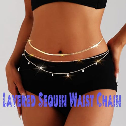 Ursumy Gold Waist Chains Layered Sequin Waist Chain Beaded Body Chain Adjustable Bikini Belly Chain for Women