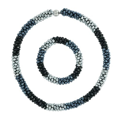 Hand Knotted Beads Statement Necklace Bracelet Jewelry Set Artificial Crystal Choker for Women- Handmade Beaded Strand Sparkly Faceted Crystal Rondelle-17inches, 30 Colors - color: Black-Silvery-Gunmetal
