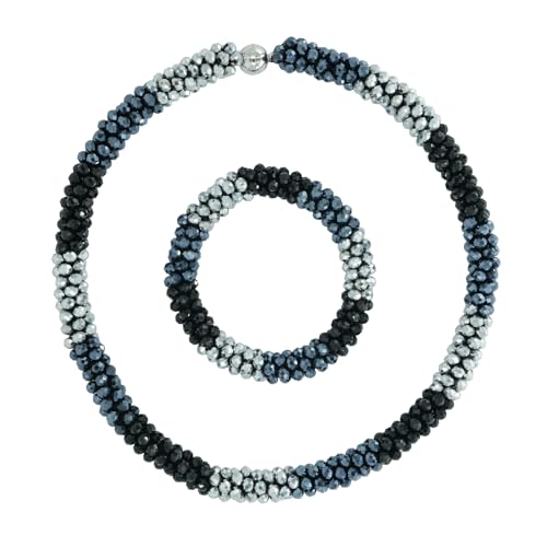 Hand Knotted Beads Statement Necklace Bracelet Jewelry Set Artificial Crystal Choker for Women- Handmade Beaded Strand Sparkly Faceted Crystal Rondelle-17inches, 30 Colors - color: Black-Silvery-Gunmetal Set