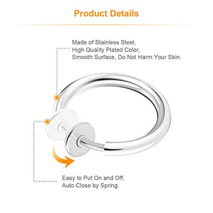 CrazyPiercing 8 pcs of Surgical Steel Clip on Non-Pierced Hoops Fake Nose Lip Ear Rings Piercing - style: silver color