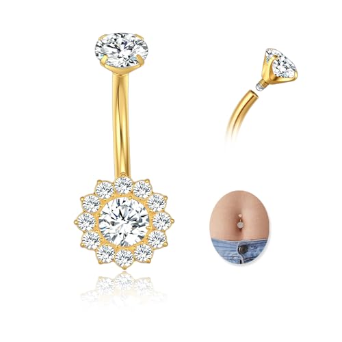 G23 Titanium Belly Button Ring 14G Golden Silvery Belly Ring for Women, Halo Internally Threaded Flower Opal Piercing Jewelry 8/10/12/14mm Barbell with Cubic Zirconia - color: 1pcs-Golden(8mm) -Clear CZ