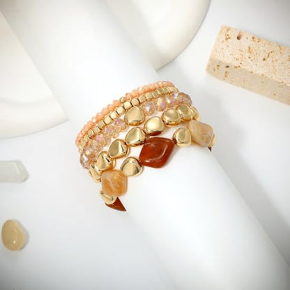 GOOJIDS Multilayer Colorful Gold Beaded Stackable Bracelets For Women Set Bohemia Heart Charm Strand Bracelets Friendship Elastic Wristbands Summer Beach Boho Vacation Jewelry - color: D-Brown Beads Set
