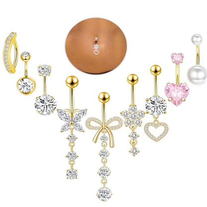 Suotarn 14G Belly Button ring Dangle Belly Rings Surgical Stainless Steel Cute Bow Butterfly Heart Flower Dangling Belly Button Piercing Jewelry For Women Silver Dainty Dangly Navel Ring - color: gold