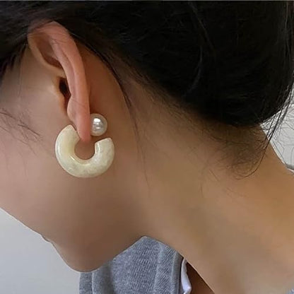 Chunky Acrylic Hoop Earrings White Resin Open Circle Hoop Earrings Round Pearl Studs Thick Acrylic C Shape Earring Pearl Front Back Earring Jewelry for Women - color: White