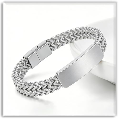 Xusamss Mens Cuban Link Bracelet Stainless Steel Double Layer Chain Jewelry Heavy Blank Bar Design Link Bracelet for Men - color: White