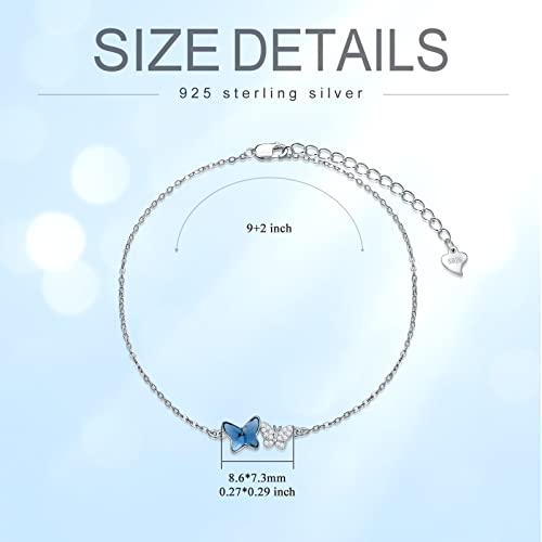 925 Sterling Silver Anklet Foot Bracelet with Crystal from Austria, Anklet Jewelry Gifts for Women 11 Inch Adjustable - style: C-Butterfly