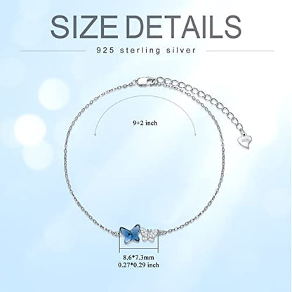 925 Sterling Silver Anklet Foot Bracelet with Crystal from Austria, Anklet Jewelry Gifts for Women 11 Inch Adjustable - style: C-Butterfly