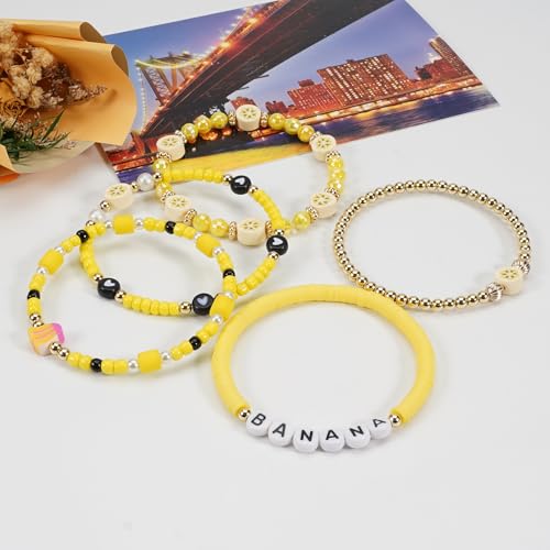 Twinfree Bohemian Cute Fruit Banana Cherry Strawberry Pineapple Mango Polymer Clay Beaded Stackable Stretch Bracelets - color: color 22