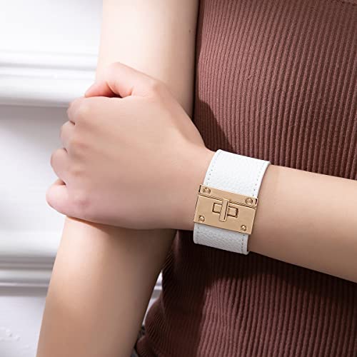 Rantanto Leather Wrap Bracelets For Women Gold Twist Lock Buckle Wrist Cuff | PU leather,Skin-friendly,Boho Stackable Wristband,Fashion Daily Jewelry,Trend Casual Party Bangle,Fit For Birthday, Holiday - color: Wide White