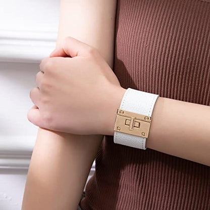 Rantanto Leather Wrap Bracelets For Women Gold Twist Lock Buckle Wrist Cuff | PU leather,Skin-friendly,Boho Stackable Wristband,Fashion Daily Jewelry,Trend Casual Party Bangle,Fit For Birthday, Holiday - color: Wide White