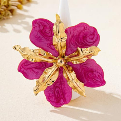 Retro Large Gold Leaves Black Red Enamel Flower Ring for Women Jewelry Gift | Bold Oil Drip Light Red Floral Irregular Petals Statement Gold Leaf Joint Finger Ring Punk Vacation Y2k Party Boho Accessory - color: Red