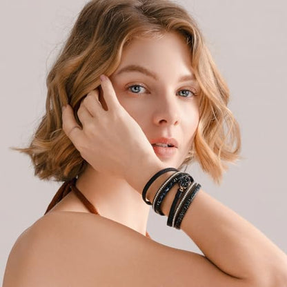 Boho Chunky Leather Wrap Bracelets Stackable Beaded Western Country Jewelry | Crystal Bead Trendy Layered Cuff Magnetic Clasp Stack Bohemian Statement Costume Outfits Cowgirl Fashion Hippie Accessories - color: Black, size: 14.7"