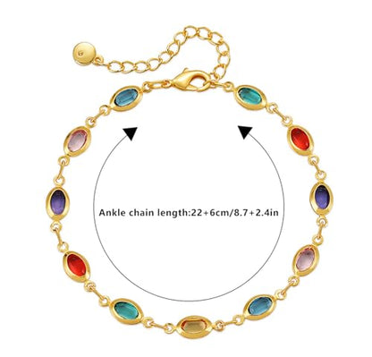 18K Gold Plated Anklet for Women Multicolor Crystal Ankle Bracelets Boho Adjustable Chain Anklets - color: Oval