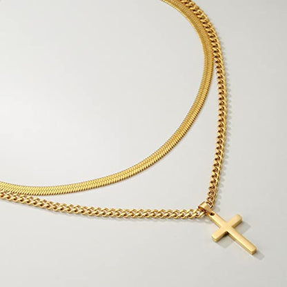 Zocomi Cross Necklace for Men Boys, Stainless Steel Layered Cuban Link Herringbone Chain Cross Pendant Christian Fashion Jewelry Gifts 16-24 Inches - color: Gold, size: 20inch/22inch, style: Herringbone+Cuban