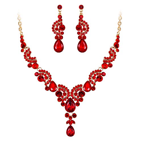 EVER FAITH Rhinestone Crystal Bridal Floral Wave Teardrop Necklace Earrings Set - color: 2pcs_Red
