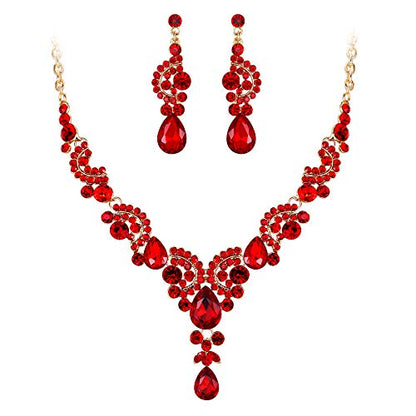 EVER FAITH Rhinestone Crystal Bridal Floral Wave Teardrop Necklace Earrings Set - color: 2pcs_Red