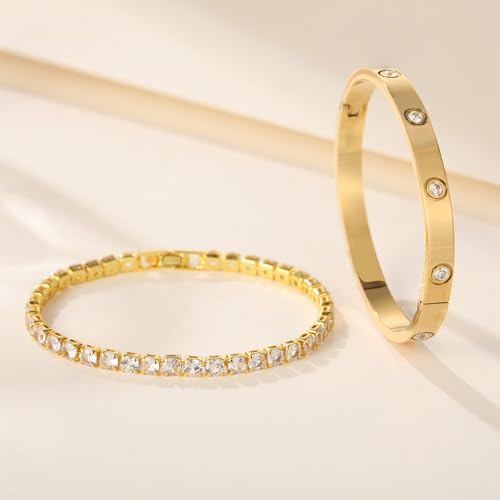 18K Gold Plated Dainty Tennis Bracelets Set 4mm/6mm Love Bangle Bracelets with 3mm/4mm Cubic Zirconia Classic Tennis Bracelet| Gold Bracelets for Women | Size 6.5/7/7.5 Inch - color: 4mm&6mm Gold Tennis Bangle, size: 7 Inches