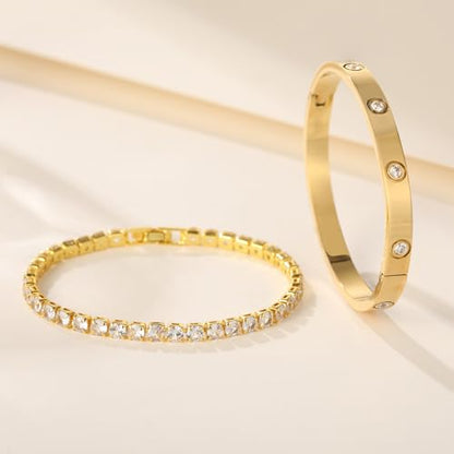 18K Gold Plated Dainty Tennis Bracelets Set 4mm/6mm Love Bangle Bracelets with 3mm/4mm Cubic Zirconia Classic Tennis Bracelet| Gold Bracelets for Women | Size 6.5/7/7.5 Inch - color: 4mm&6mm Gold Tennis Bangle, size: 7 Inches