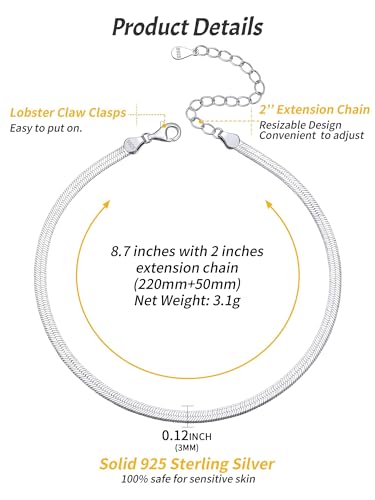 ChicSilver 925 Sterling Silver Ankle Bracelet for Women, Simple Cuban Link/Figaro/Twist Rope Chain Anklets for Beach Party(with Gift Box) - style: 03: Snake Chain-3mm wide