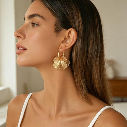 Gold Silver Flower Hoop Earrings for Women 14K Gold Plated Large Layered Flower Dangle Drop Earrings Wedding Party Holiday Birthday Gifts Lightweight Trendy Bohemian Jewelry Gift for Her - color: Gold